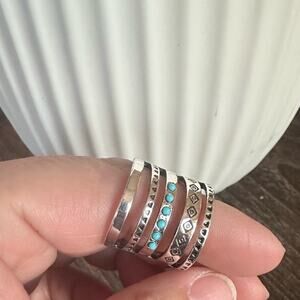 Boho Stacked Silver tone Turquoise Ring Retro Carved New Multi band statement